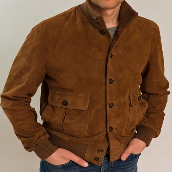 Men's Faux Suede Jacket Casual Jacket Plain Fashion Classic Stand Collar Regular Brown Jacket