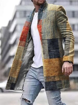 Going out Pocket Print Fall & Winter Stand Collar Long Sleeve Overcoat Coat