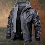 Faux Leather Jacket Plain Fashion Classic Hooded Regular Jacket Gray