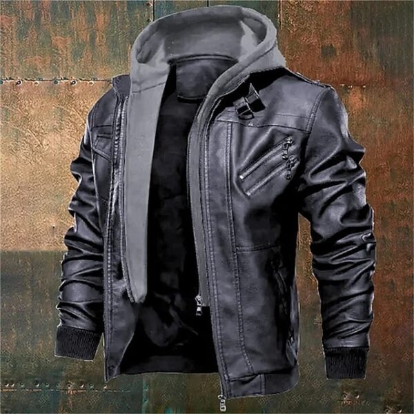 Faux Leather Jacket Plain Fashion Classic Hooded Regular Jacket Gray