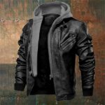 Leather Jacket Plain Fashion Classic Hooded Regular Jacket Black