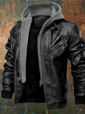 Leather Jacket Plain Fashion Classic Hooded Regular Jacket Black