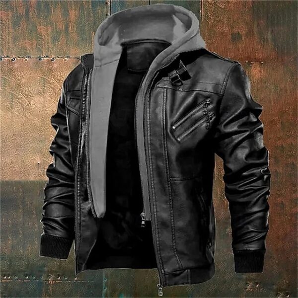 Leather Jacket Plain Fashion Classic Hooded Regular Jacket Black