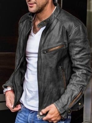 Men's Faux Leather Jacket Transition Jacket Biker Jacket Vintage Leather Jacket Black