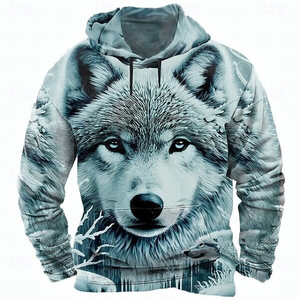 Men's Wolf 3D Hoodies Sweatshirt Long Sleeve Crew Neck Streetwear Blue Drawstring Fall Winter