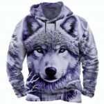 Long Sleeve Crew Neck Streetwear Purple Drawstring Wolf 3D Hoodies