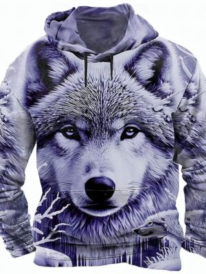 Long Sleeve Crew Neck Streetwear Purple Drawstring Wolf 3D Hoodies