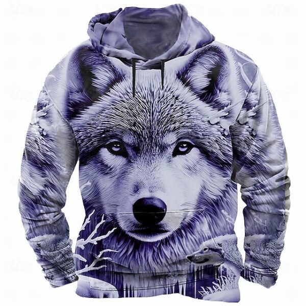 Long Sleeve Crew Neck Streetwear Purple Drawstring Wolf 3D Hoodies